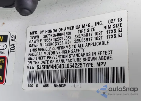2013 Honda Cr-V Ex from USA, damaged, VIN 5J6RM4H54DL054225